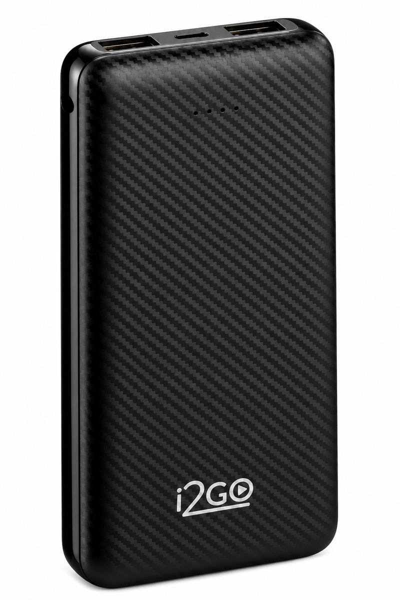 Carregador Portátil Power Bank i2GO 10000 mAh – Bateria Externa com USB-C e Duas Saídas USB | Preto